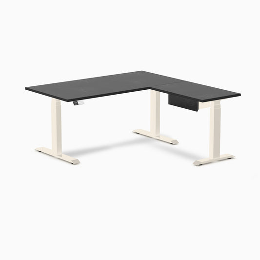 Desky Hardwood L-Shape Standing Desk With Drawer 150 x 155 cm Black Ash / Wheat Top and Wheat Leg