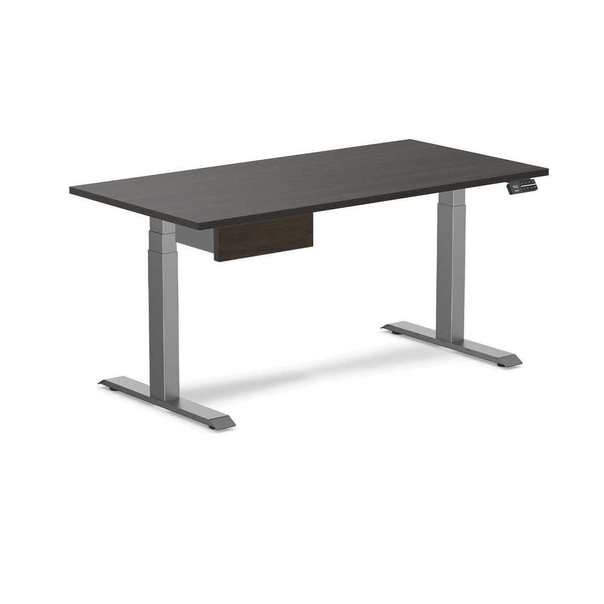 Desky Dual Melamine Standing Desk With Drawer 150cm Burnished Wood Desktop and Space Grey Frame