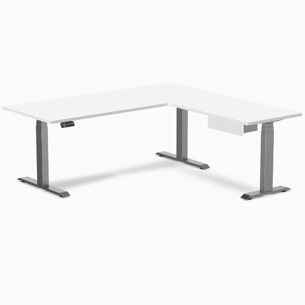 Desky Eco L-Shape Melamine Standing Desk With Drawer 180 x 175 cm White Top and Space Grey Leg