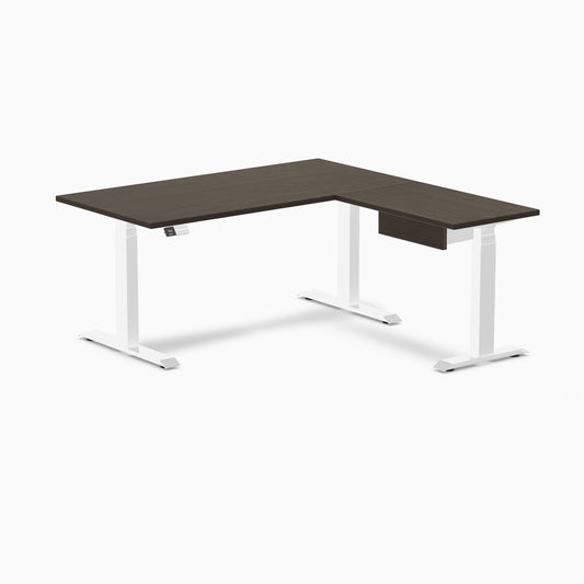 Desky Dark Bamboo L-Shape Standing Desk With Drawer 150 x 155 cm and White Leg
