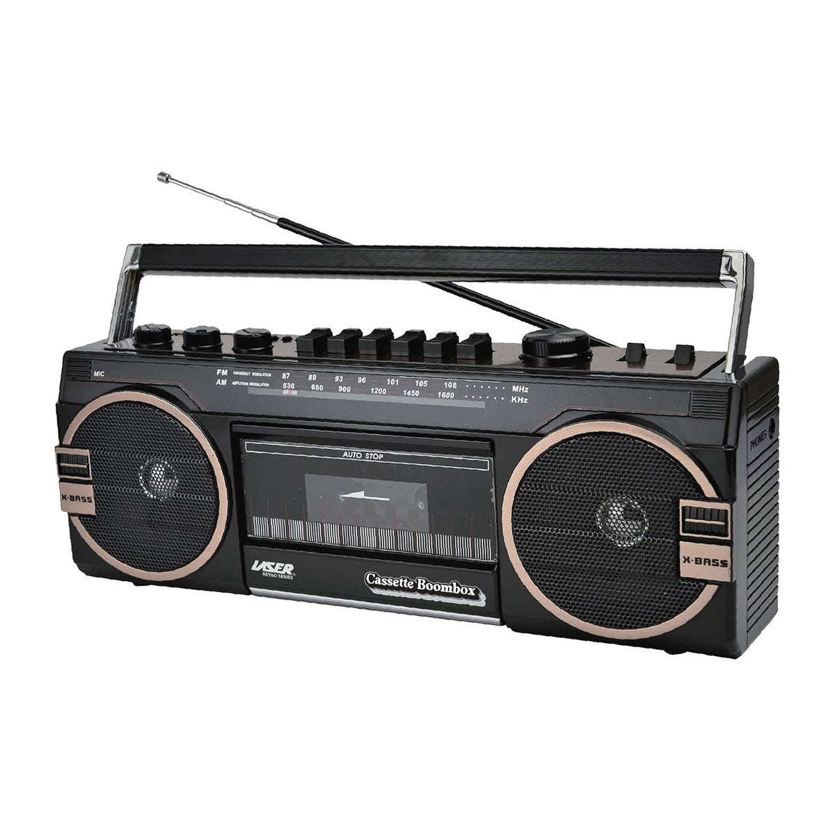 Laser Retro Cassette Boombox with AM FM Radio (Black)
