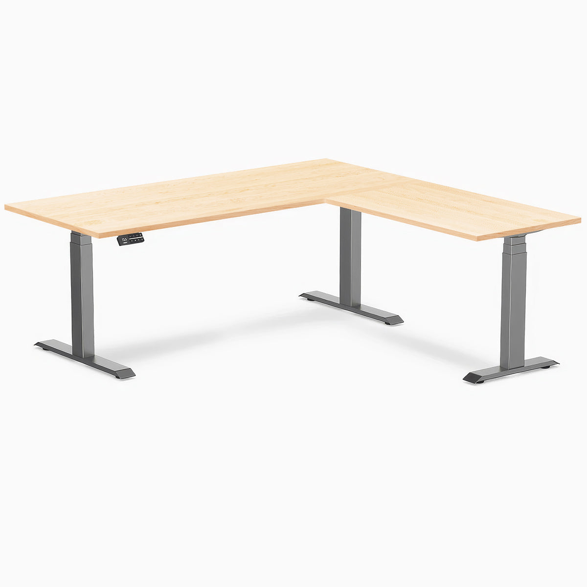 Desky Hardwood L-Shape Sit Stand Desk 180 x 175 cm Maple / Space Grey Top and Space Grey Leg