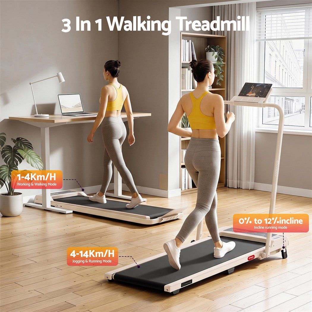 Everfit 3 in 1 Walking Pad Treadmill 12% Incline Foldable Under Desk Treadmills 40cm Belt Beige