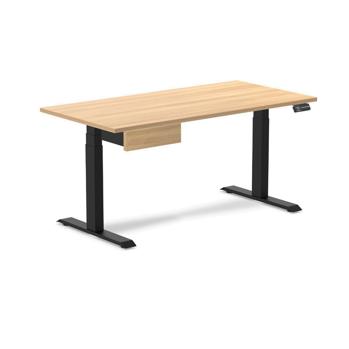 Desky Dual Melamine Standing Desk With Drawer 150cm Sublime Teak Desktop and Matte Black Frame