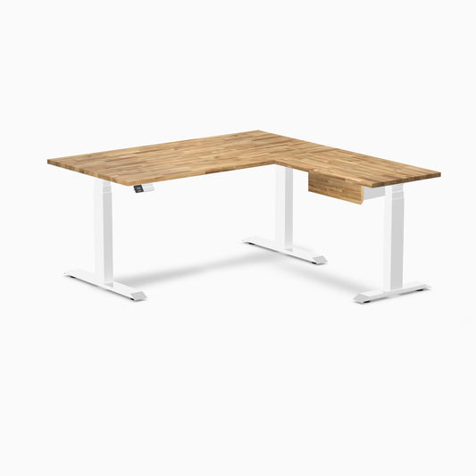 Desky Hardwood L-Shape Standing Desk With Drawer 150 x 155 cm Acacia / Space Grey Top and Space Grey Leg