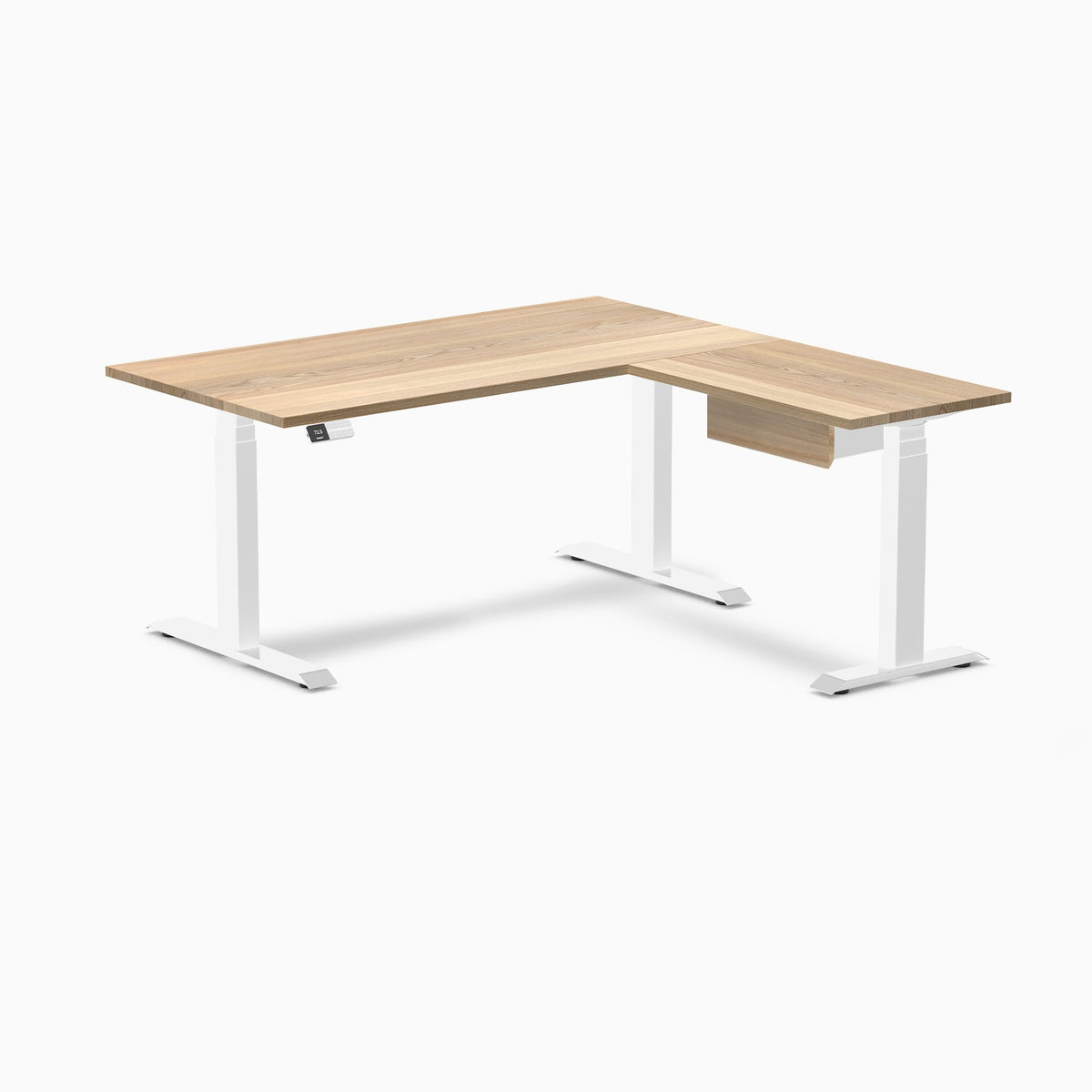 Desky Hardwood L-Shape Standing Desk With Drawer 150 x 155 cm White Ash Top and White Leg