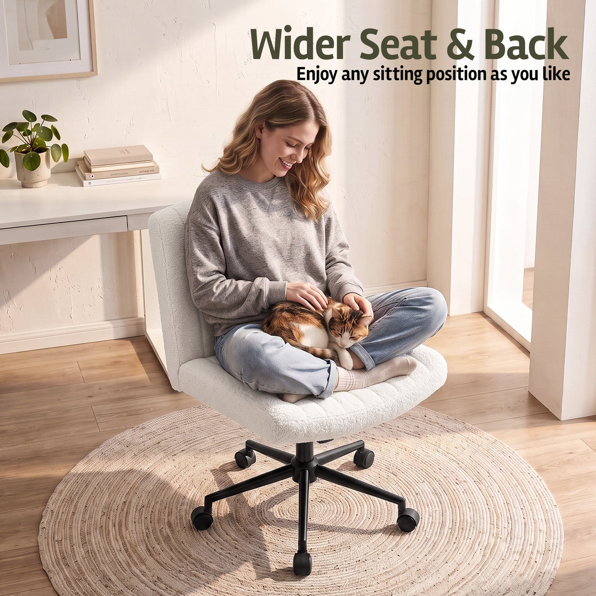 Artiss Armless Cross Legged Office Chair Wide Seat Vanity Chair Teddy Fleece Beige