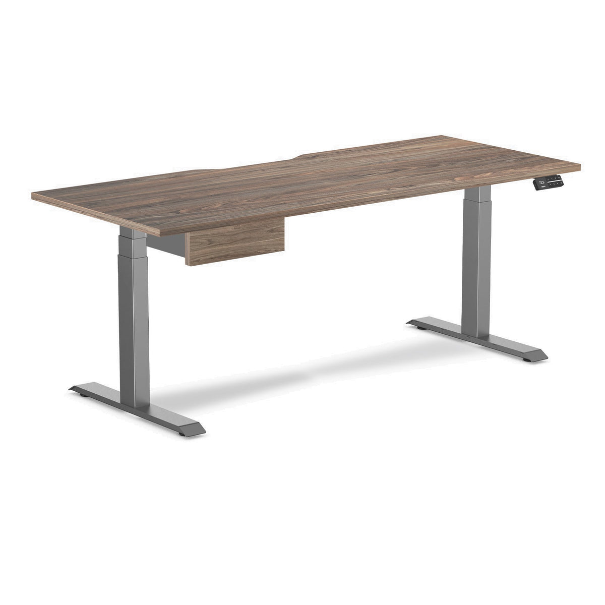 Desky Dual Scalloped Melamine Standing Desk With Drawer - Natural Walnut / 1800x750mm / Space Grey