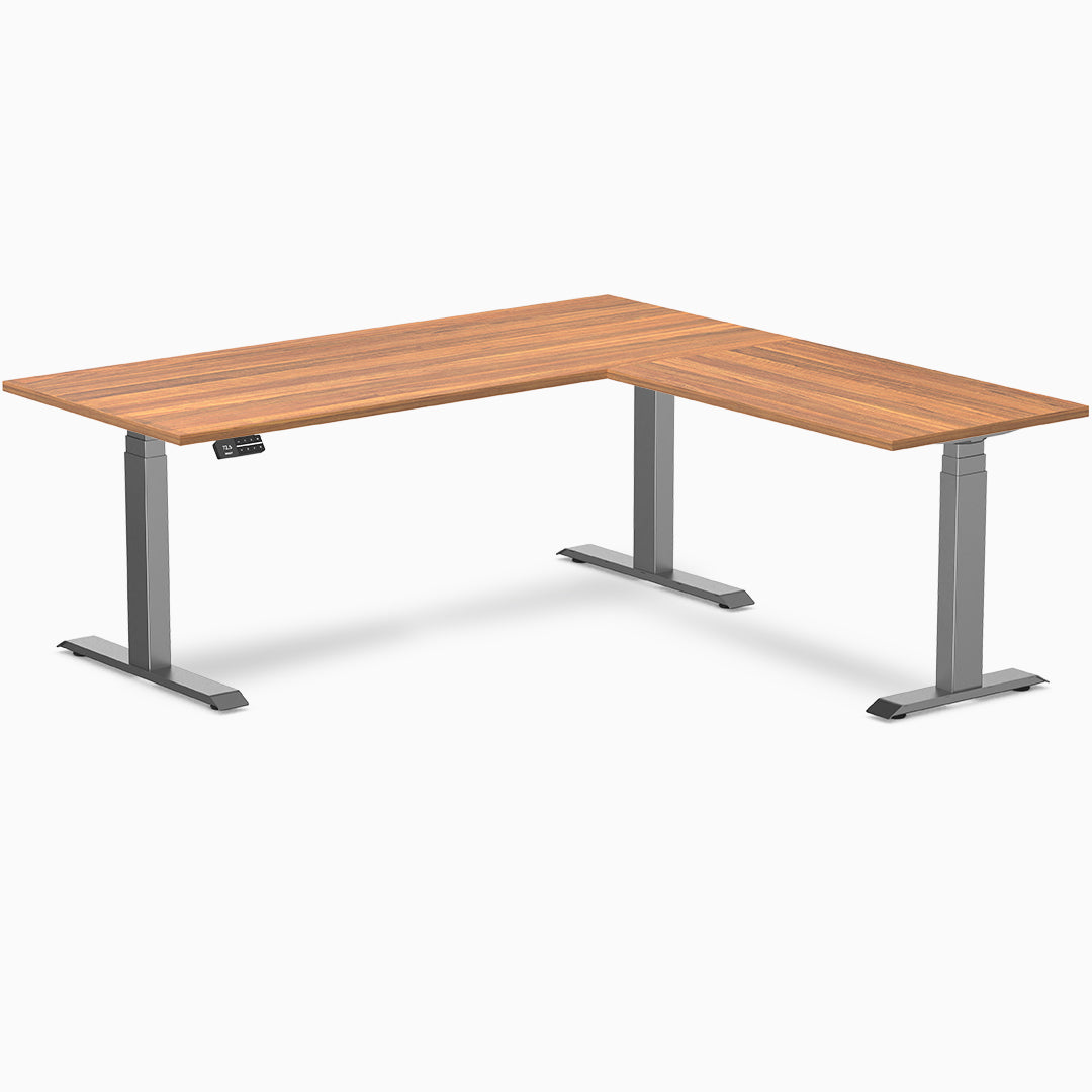 Desky Eco L-Shape Melamine Sit Stand Desk 180 x 175 cm Prime Oak Top and Space Grey Leg