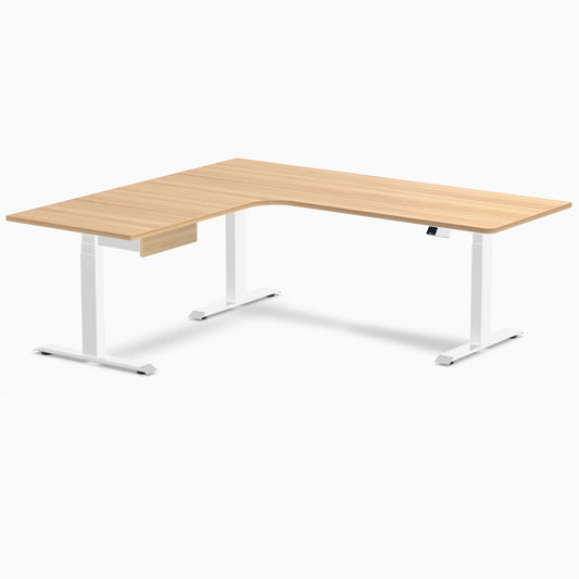 Desky L-Shape Melamine Standing Desk With Drawer 200cm - Left Return Sublime Teak Top and White Leg