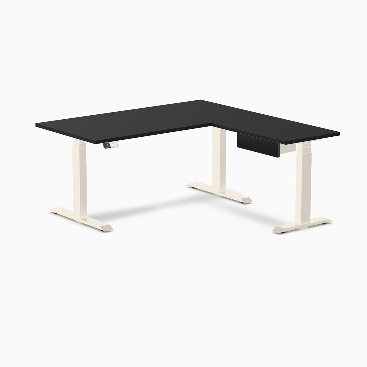 Desky Eco L-Shape Melamine Standing Desk With Drawer 150 x 155 cm Black Top and Wheat Leg