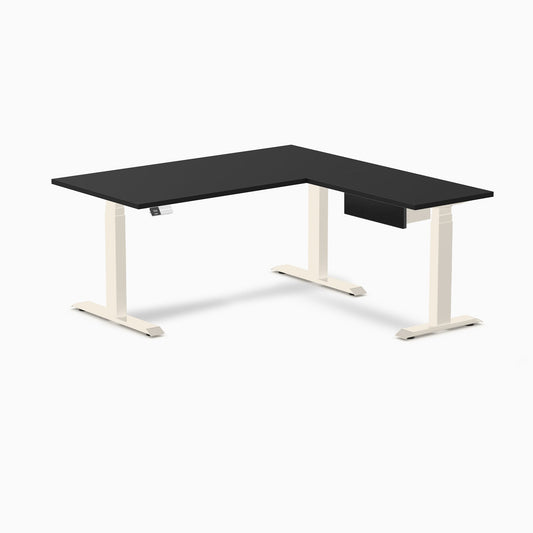 Desky Eco L-Shape Melamine Standing Desk With Drawer 150 x 155 cm Black Top and Wheat Leg