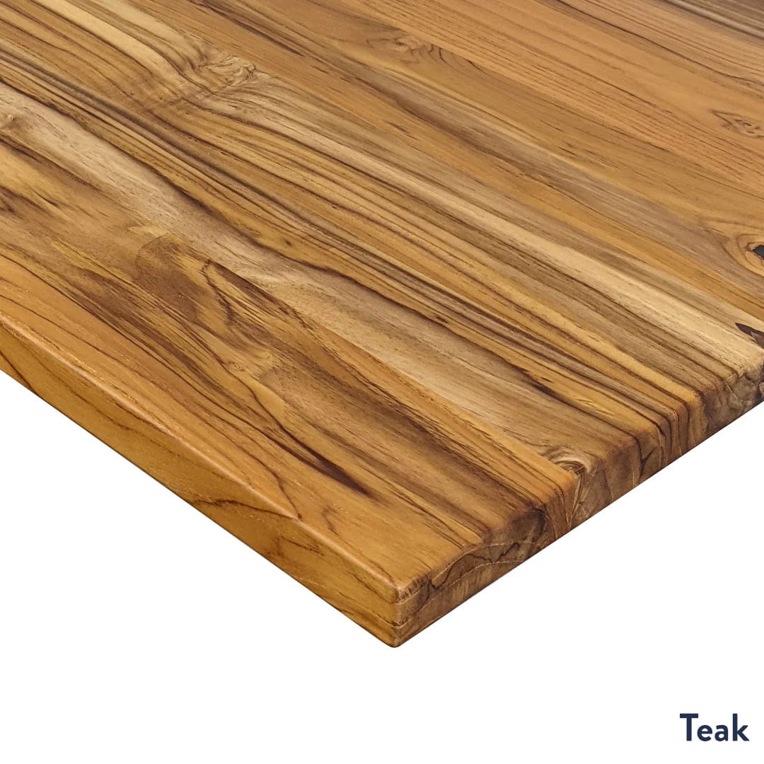 Desky Hardwood L-Shape Sit Stand Desk 150x155cm Teak and Space Grey Leg
