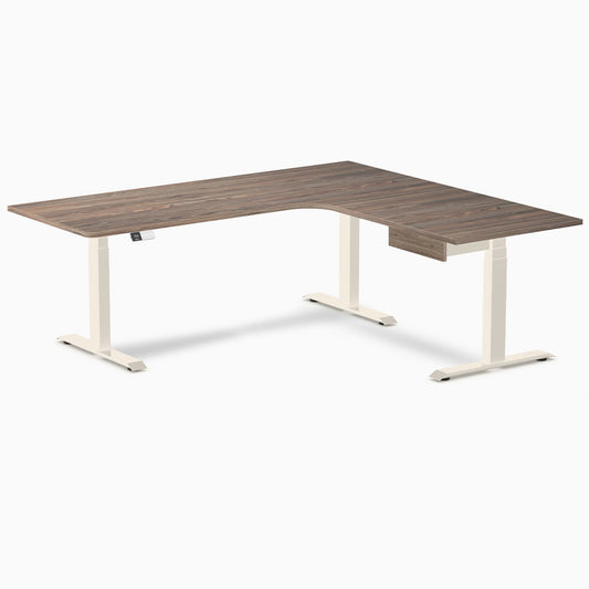 Desky L-Shape Melamine Standing Desk With Drawer 200cm - Right Return Natural Walnut Top and Wheat Leg