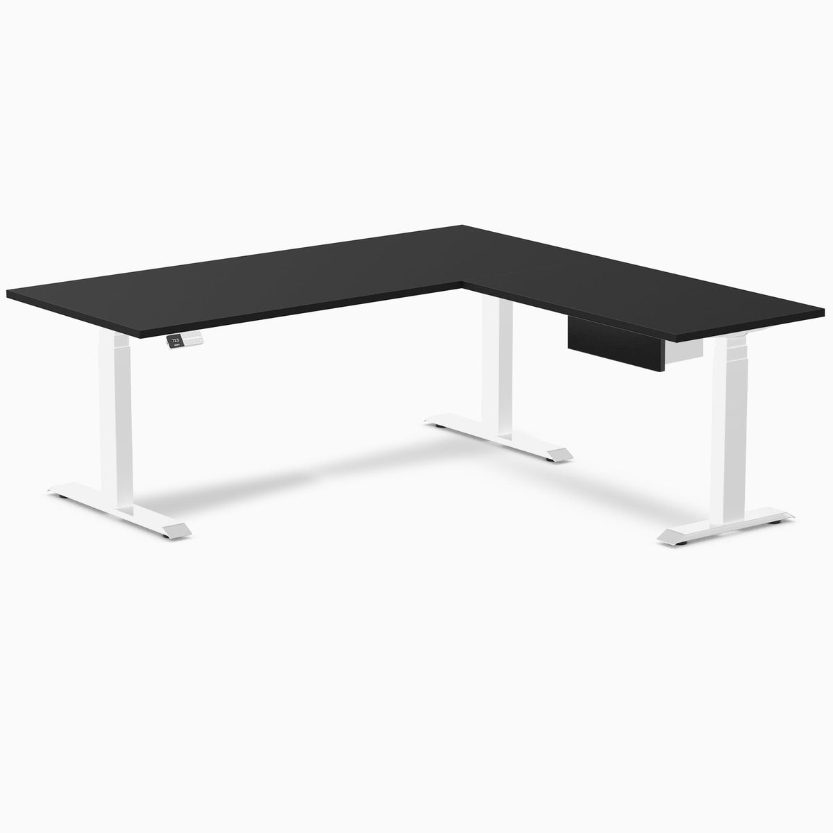 Desky Eco L-Shape Melamine Standing Desk With Drawer 180 x 175 cm Black Top and White Leg