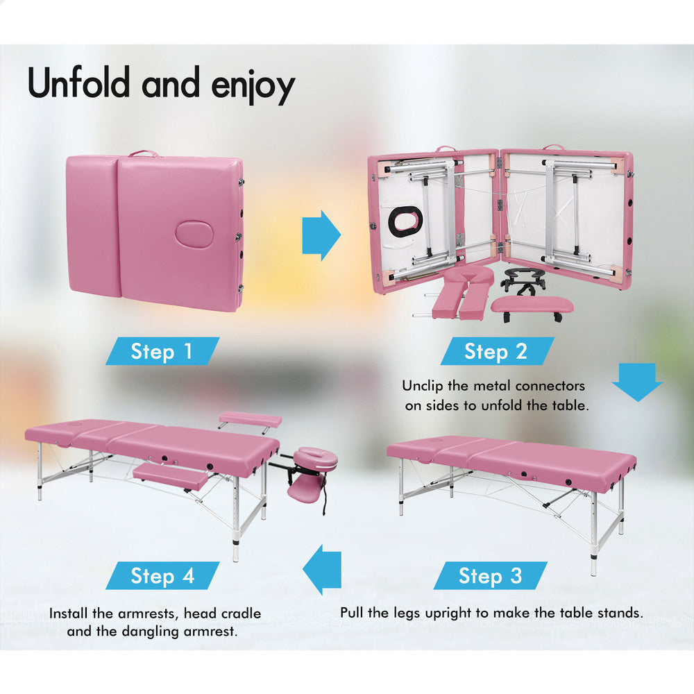 ALFORDSON Massage Table 3 Fold 85cm Portable (Pink)