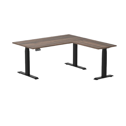 Desky Eco L-Shape Melamine Sit Stand Desk 150 x 155 cm Jarrah Legno Top and Matte Black Leg