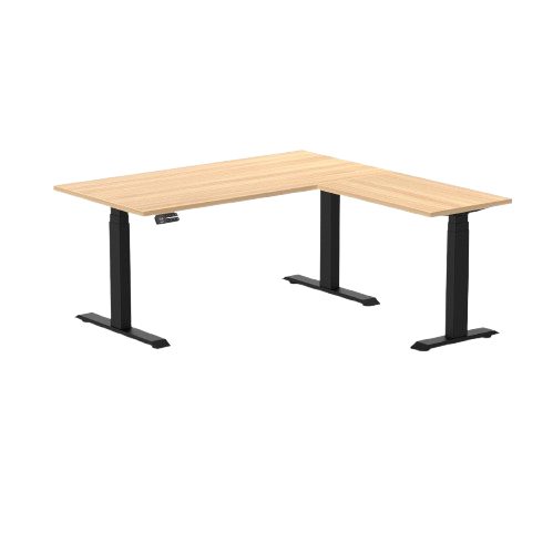 Desky Eco L-Shape Melamine Sit Stand Desk 150 x 155 cm Sublime Teak Top and Matte Black Leg