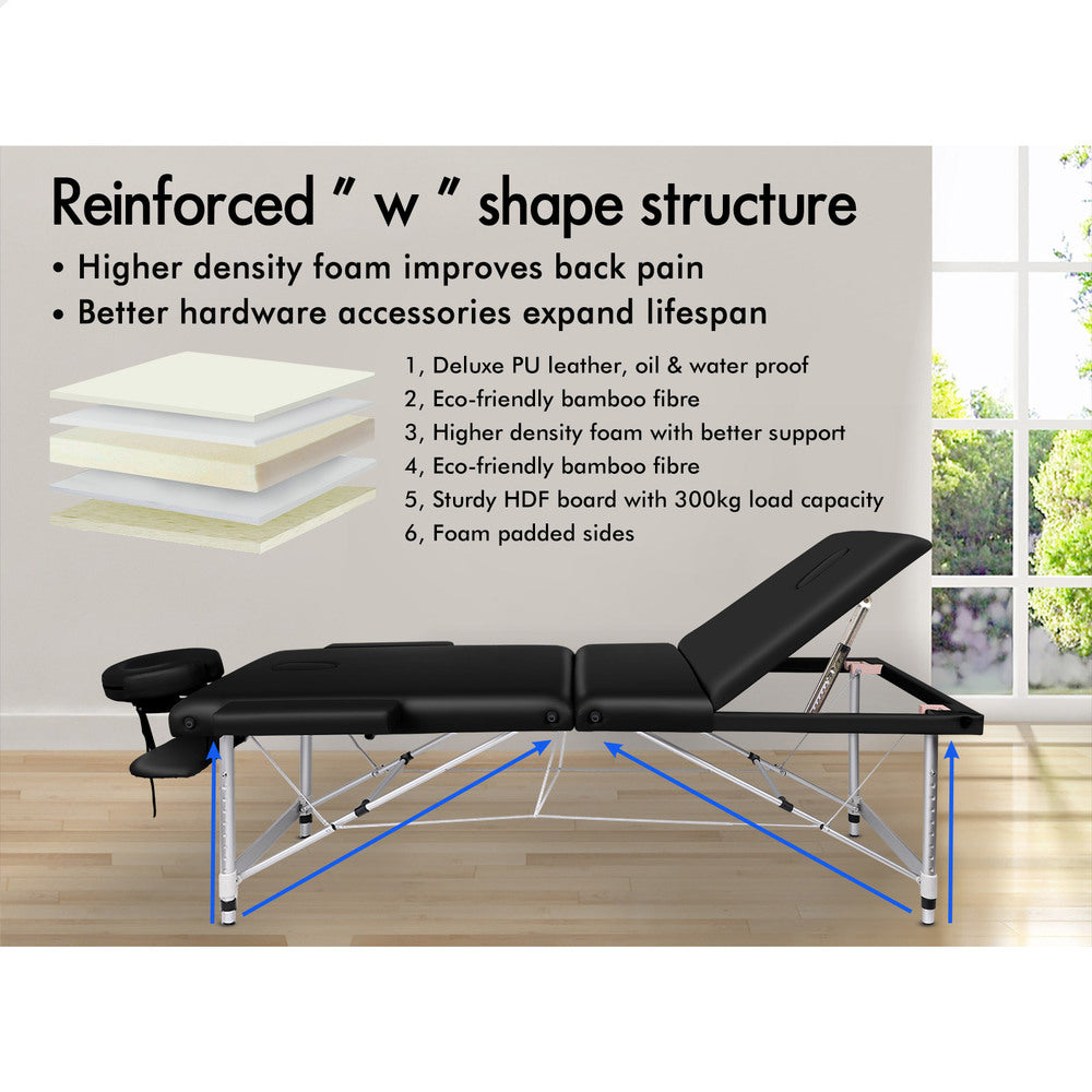 ALFORDSON Massage Table 3 Fold 85cm Portable (Black)