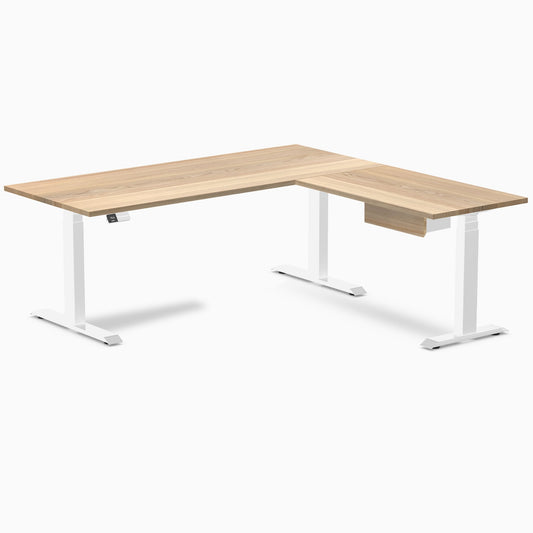 Desky Hardwood L-Shape Standing Desk With Drawer 180 x 175 cm White Ash Top and White Leg