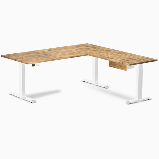 Desky Hardwood L-Shape Standing Desk With Drawer 180 x 175 cm Acacia / Space Grey Top and Space Grey Leg