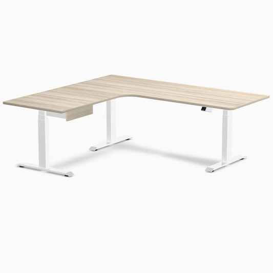 Desky L-Shape Melamine Standing Desk With Drawer 200cm - Left Return Classic Oak Top and White Leg