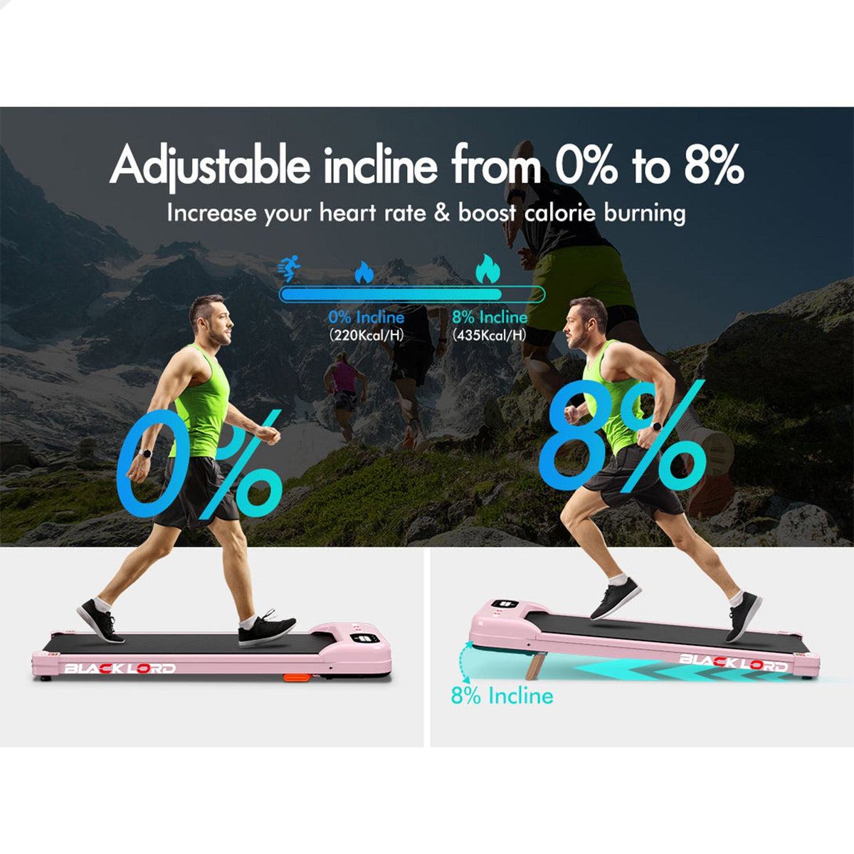BLACK LORD Treadmill Electric Walking Pad Home Gym Incline Magnetic Remote (Pink)