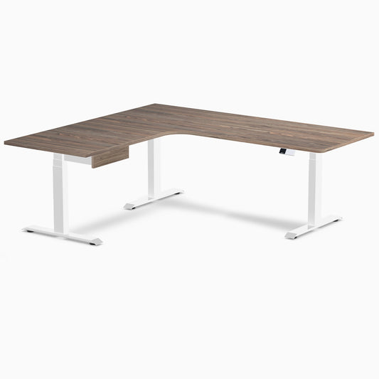 Desky L-Shape Melamine Standing Desk With Drawer 200cm - Left Return Natural Walnut Top and White Leg