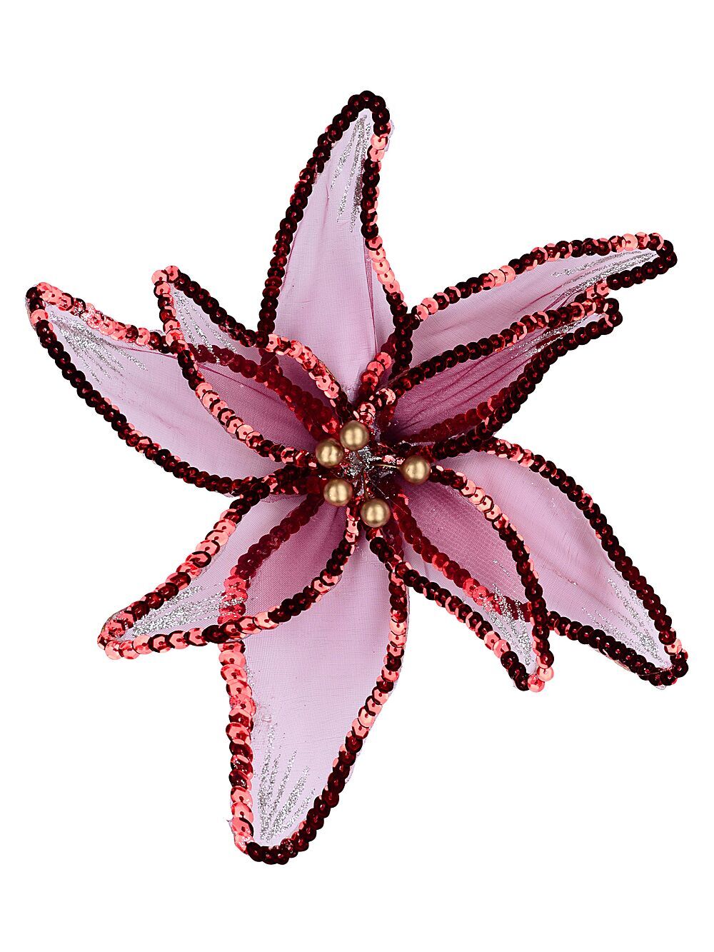 Red Organza Poinsettia With Sequins Christmas Tree Clip Pick | 25cmRed with Silver & Rose Gold