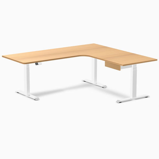 Desky L-Shape Melamine Standing Desk With Drawer 200cm - Right Return Select Beech Top and White Leg