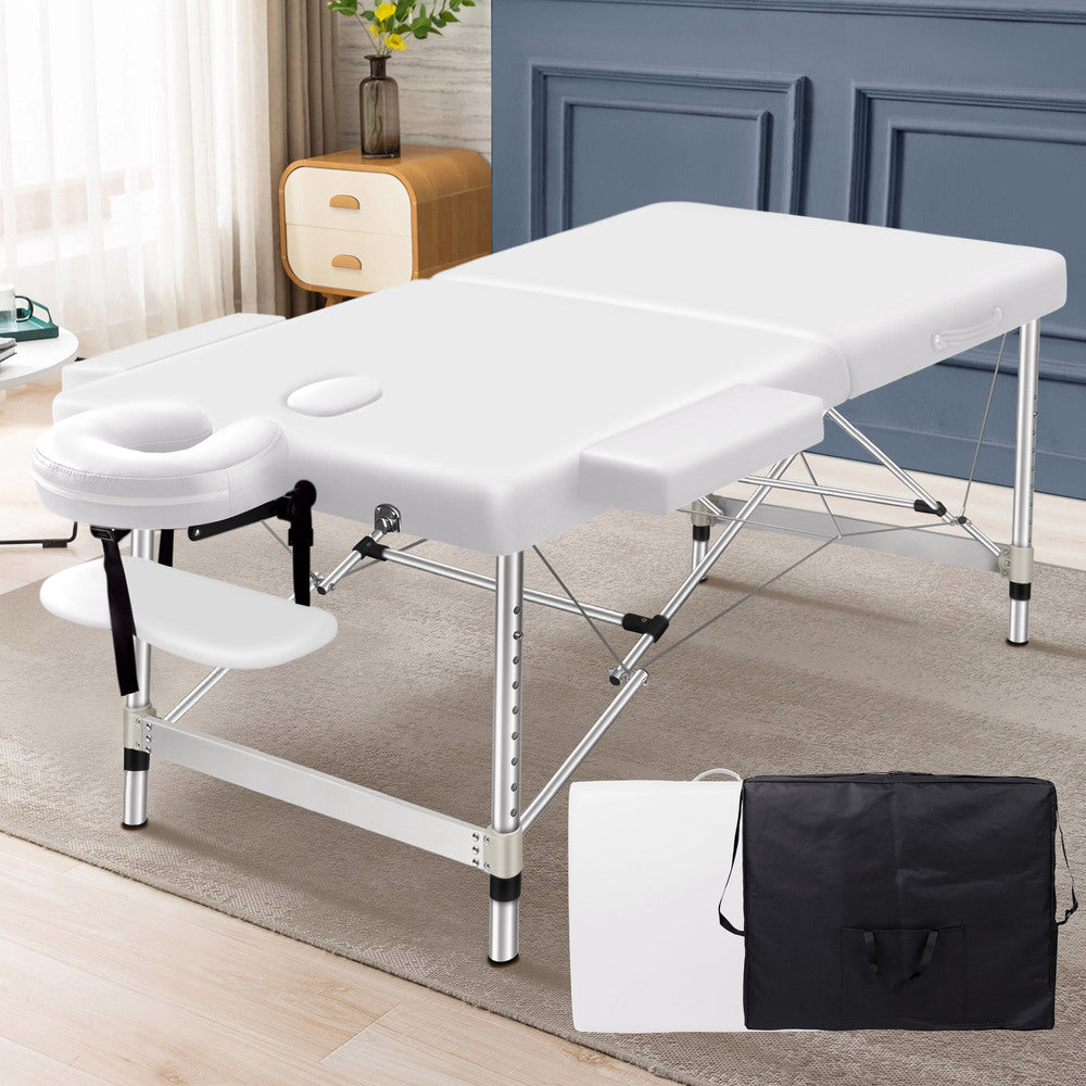 ALFORDSON Massage Table 2 Fold 55cm Foldable Portable Bed Desk Aluminium Lift Up (White)