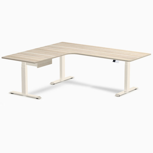 Desky L-Shape Melamine Standing Desk With Drawer 200cm - Left Return Classic Oak Top and Wheat Leg