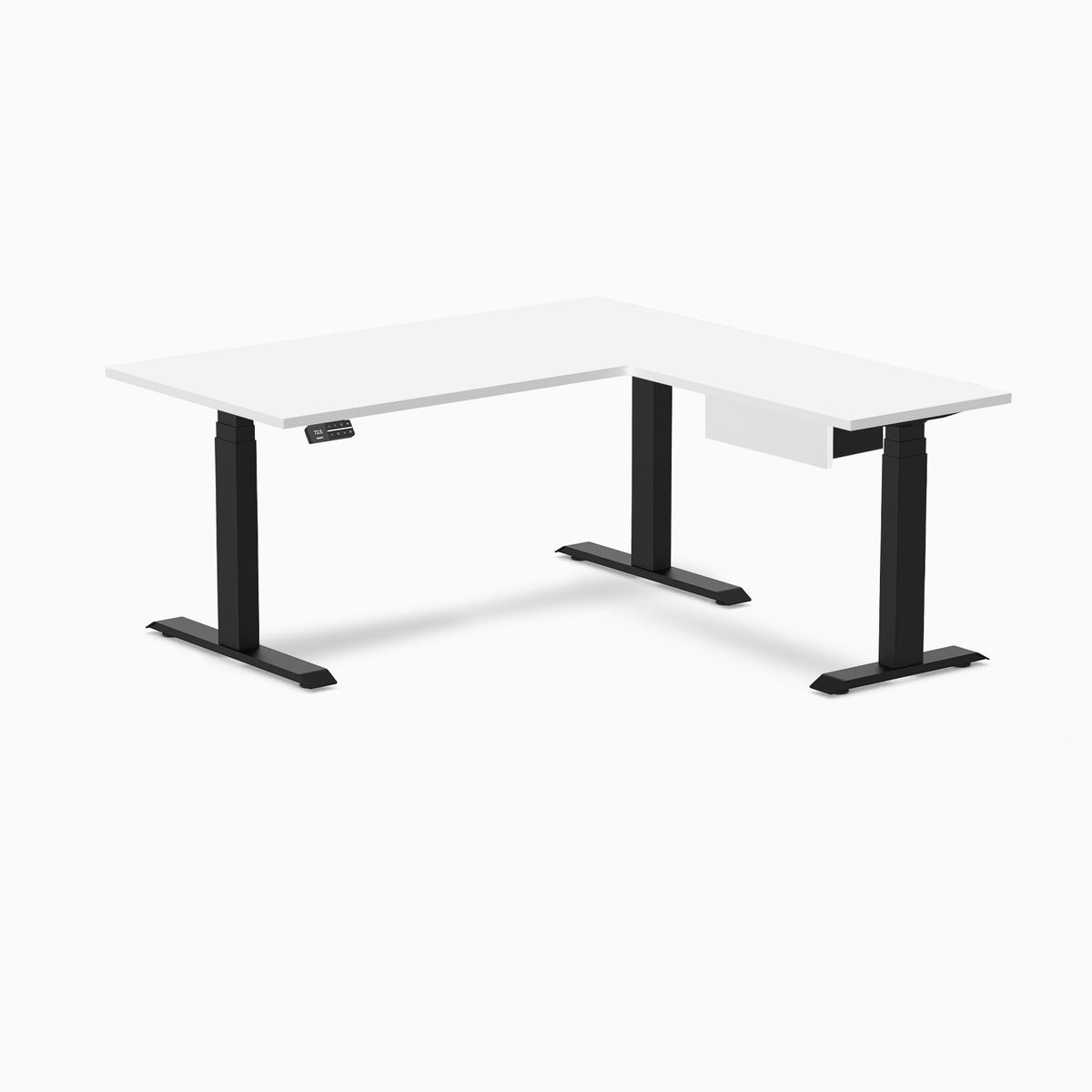 Desky Eco L-Shape Melamine Standing Desk With Drawer 150 x 155 cm White Top and Matte Black Leg