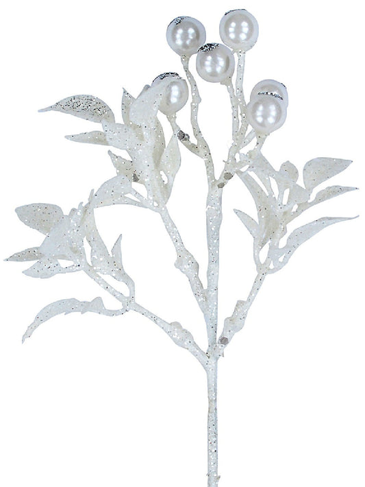 White Berries & Foliage Spray With Silver Glitter Christmas Clip Pick | 19cmWhite with Silver