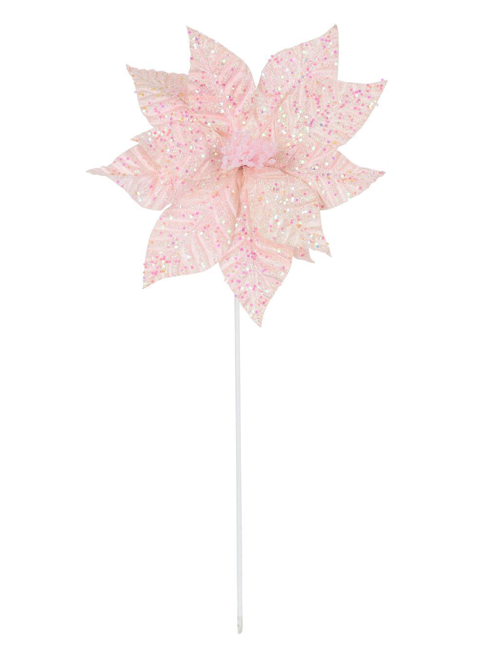 Fairy Floss Pink Poinsettia With Iridescent Sequins Long Christmas Stem | 55cmPink & Iridescent