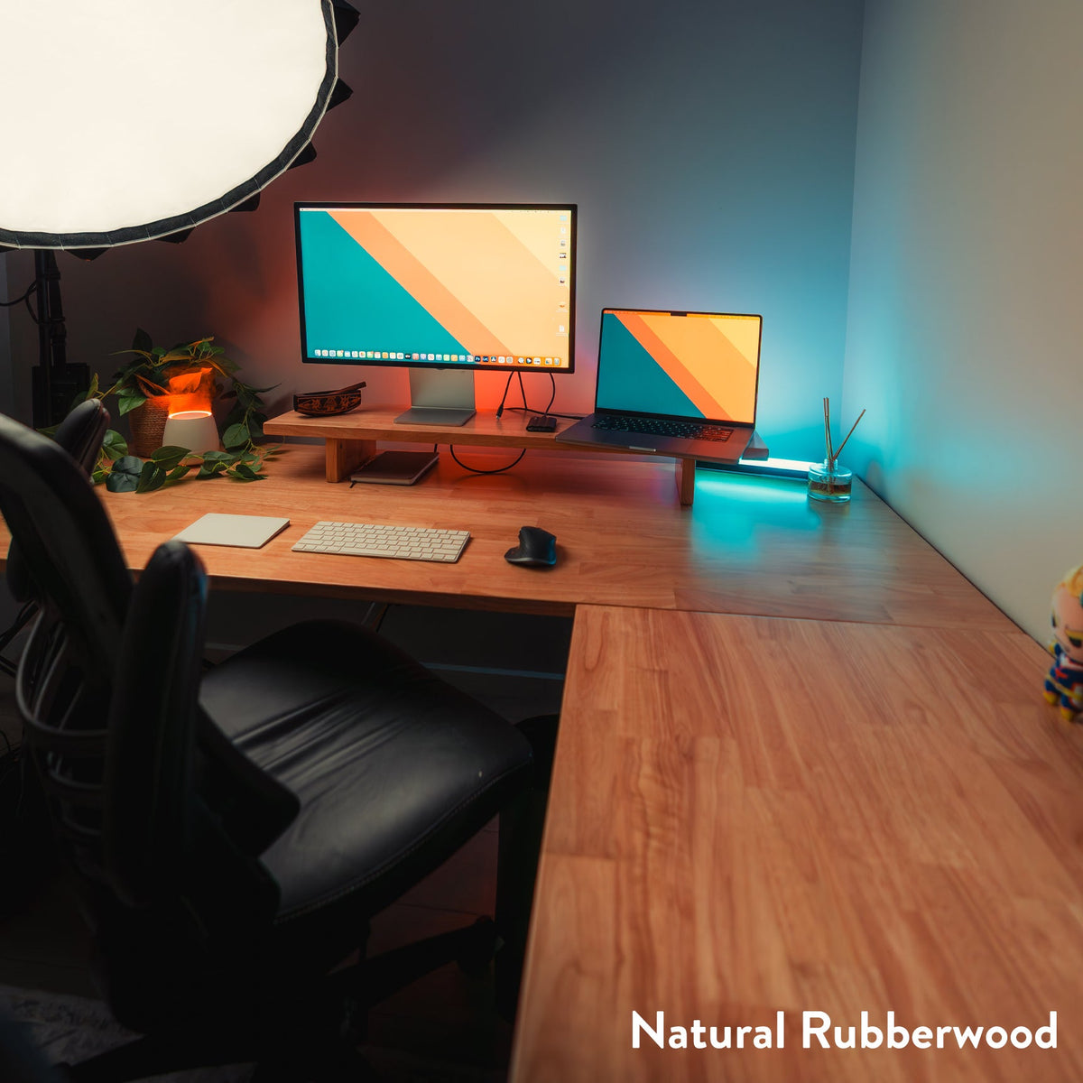 Desky Rubberwood L-Shape Sit Stand Desk 150 x 155 cm Natural Timber Top and White Leg