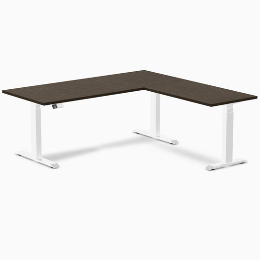 Desky Dark Bamboo L-Shape Sit Stand Desk 180 x 175 cm and White Leg
