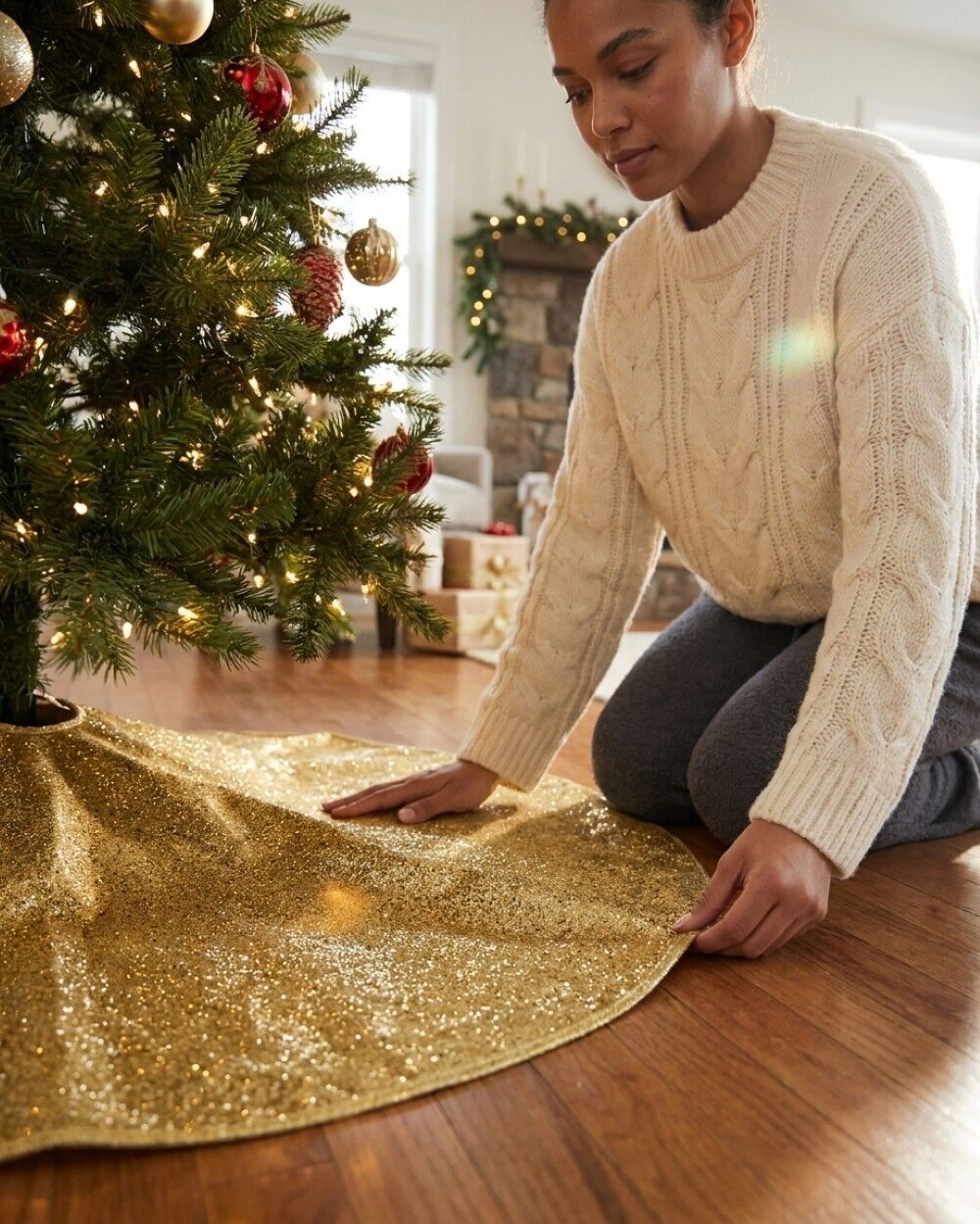 1.2m Metallic Gold Sequin & Glitter Starburst Christmas Tree SkirtGold