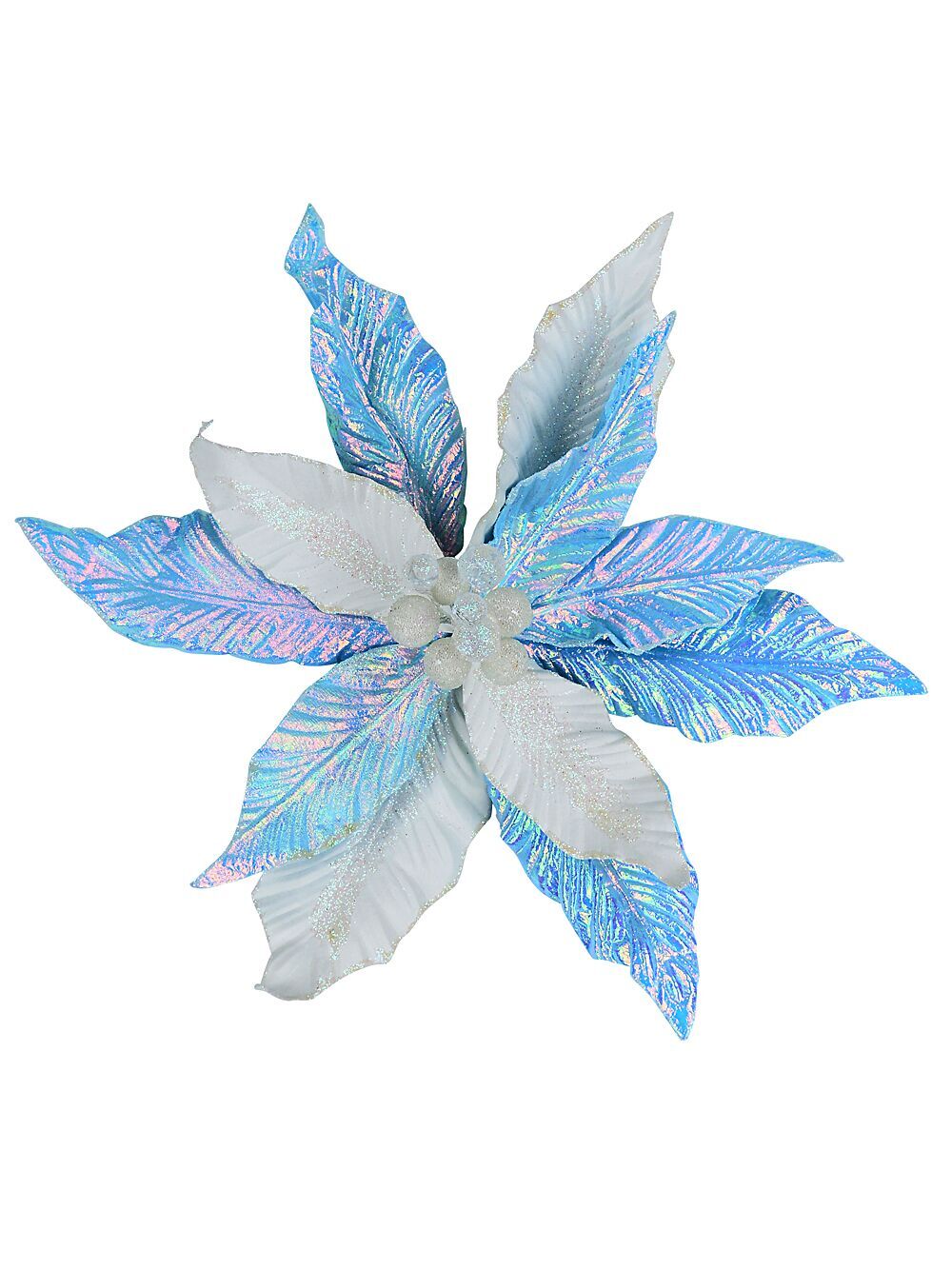 Iridescent Turquoise & Ivory Poinsettia Christmas Tree Clip Pick | 30cmIridescent Turquoise & Ivory with Clear