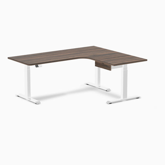 Desky L-Shape Melamine Standing Desk With Drawer 180cm - Right Return Jarrah Legno Top and White Leg