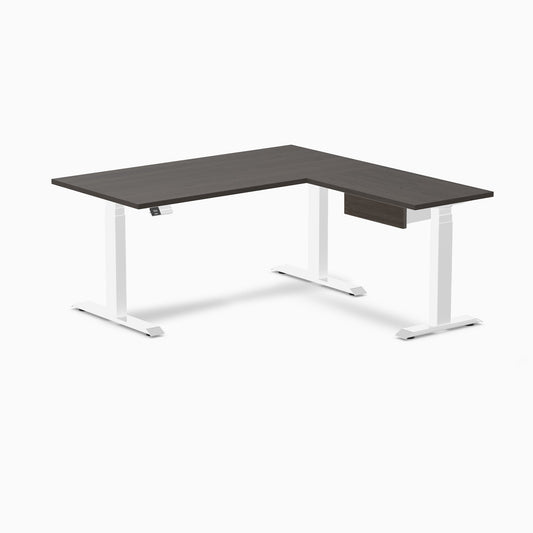Desky Eco L-Shape Melamine Standing Desk With Drawer 150 x 155 cm Burnished Wood Top and White Leg