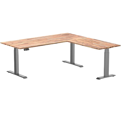 Desky Hardwood L-Shape Sit Stand Desk 180 x 175 cm Acacia Top and White Leg