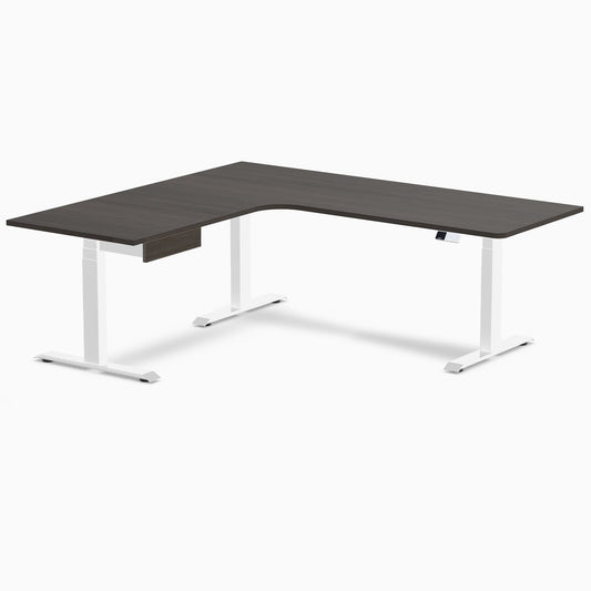Desky L-Shape Melamine Standing Desk With Drawer 200cm - Left Return Burnished Wood Top and White Leg