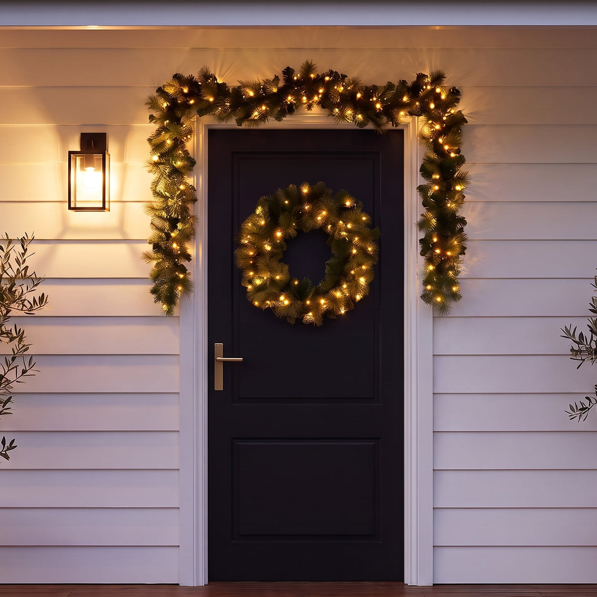 Christabelle Gold Pine Collection Christmas 2pc Set 61cm Wreath and 2.74m Garland with LED Lights Holiday Decor