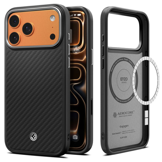 SPIGEN Enzo Aramid Camera Control Button MagSafe Case for iPhone 18 Pro Max/17 Pro Max (Black Silver)