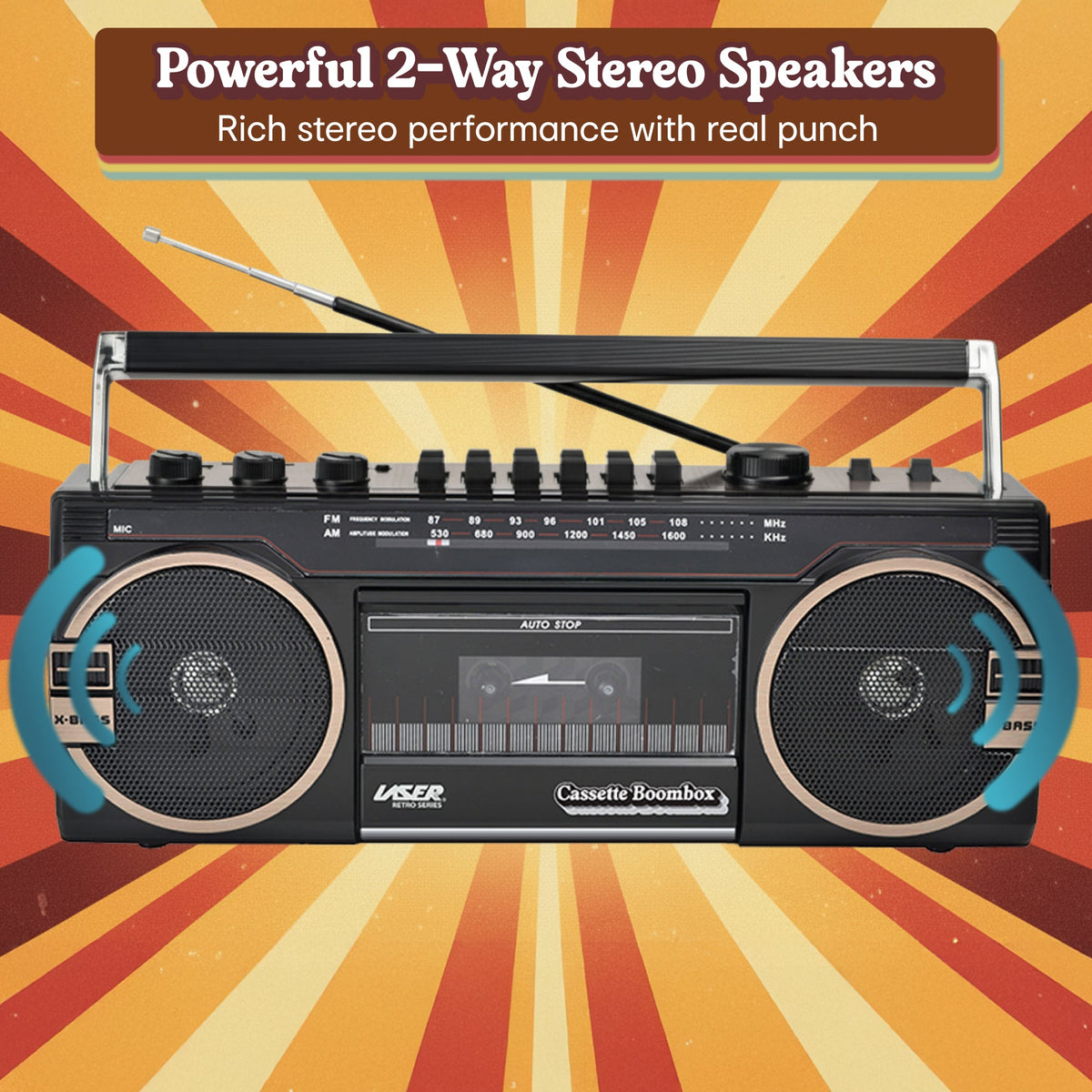 Laser Retro Cassette Boombox with AM FM Radio (Black)