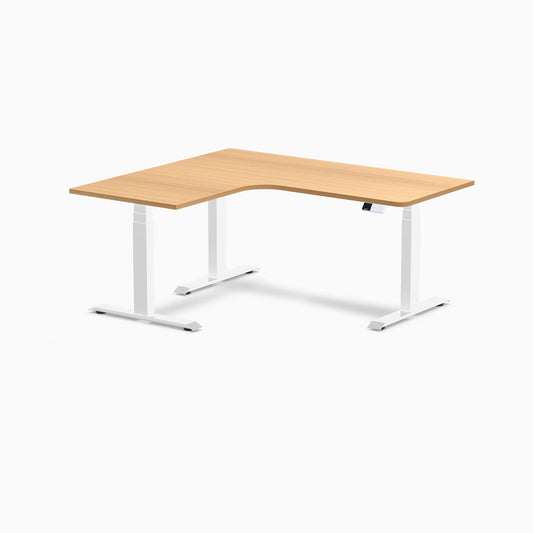 Desky L-Shape Melamine Sit Stand Desk 160cm - Left Return Select Beech Top and White Leg