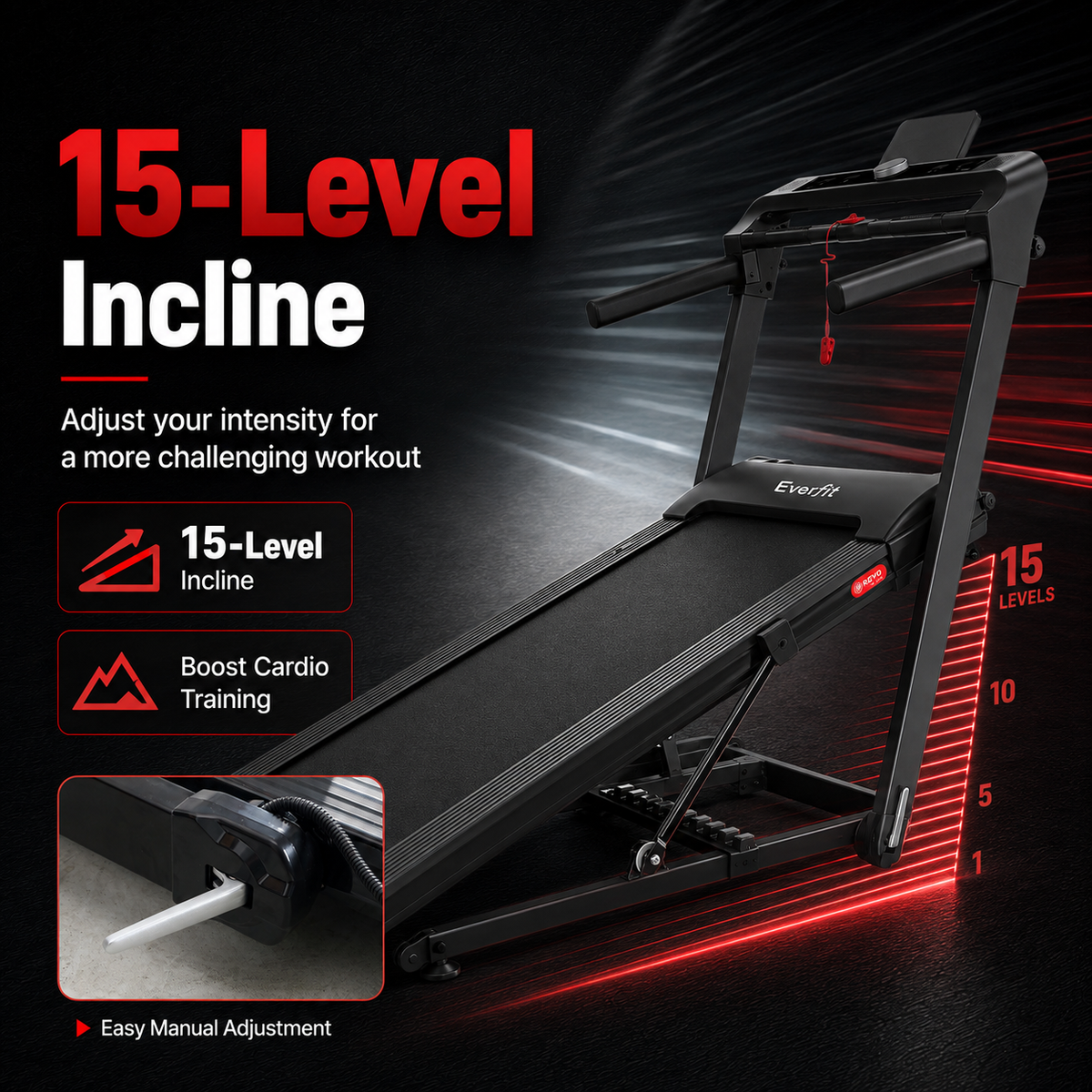 Everfit Walking Pad Treadmill with 15-Level Auto Incline Smart Knob Control Foldable Black