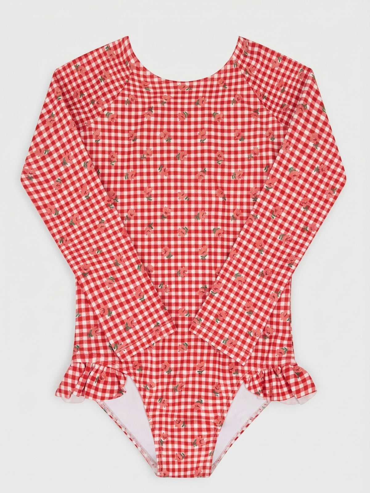 Minnow Girls' Cranberry Gingham Rash Guard One-Piece Swimsuit