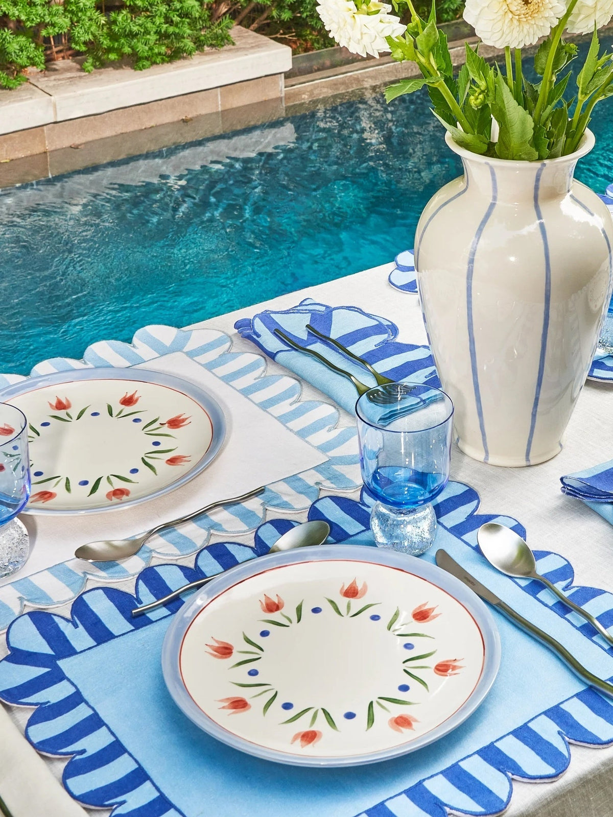 Misette Jardin Embroidered Linen Scalloped Stripe Double-Sided Placemat Set